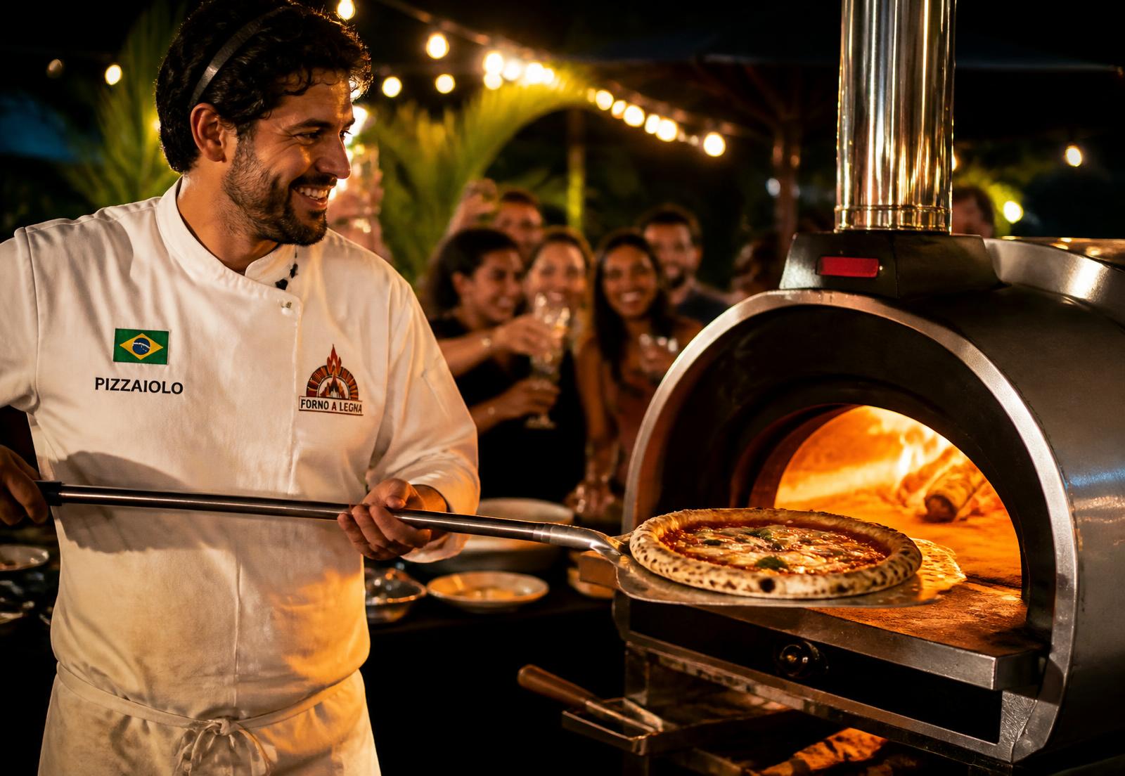 Pizzaiolo retirando pizza do forno durante um evento