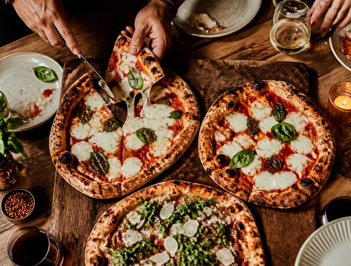Pizzas artesanais servidas na mesa durante o rodízio